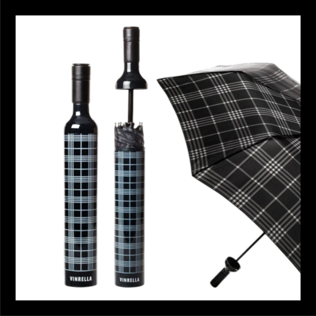 A Vinrella wine bottle umbrella featuring a sleek black plaid design. Disguised as a wine bottle when closed, this stylish and functional umbrella offers a unique and portable way to stay dry on rainy days.