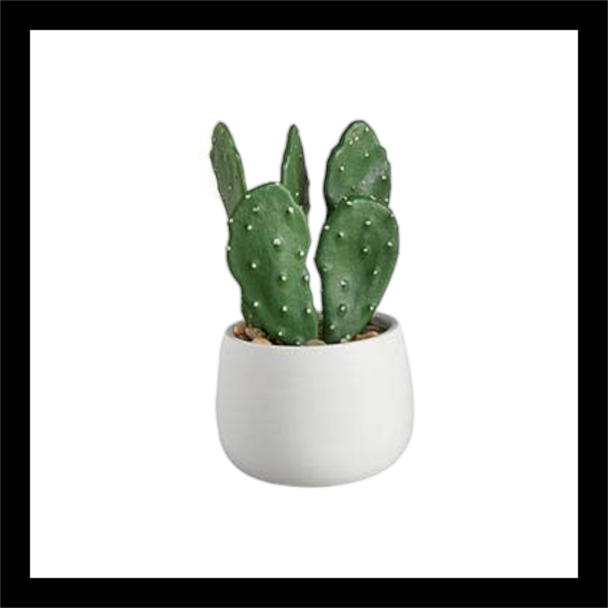Faux potted bunny ear cactus – 4"x4"x8" realistic artificial cactus in a modern white pot with pebbles, perfect for home or office decor.