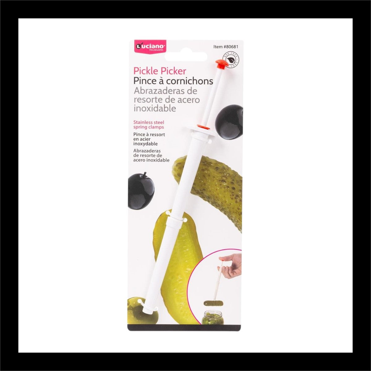 Gourmet pickle picker in white packaging, designed to easily grab pickles from a jar without the mess. Features stainless steel spring clamps for a secure grip.
