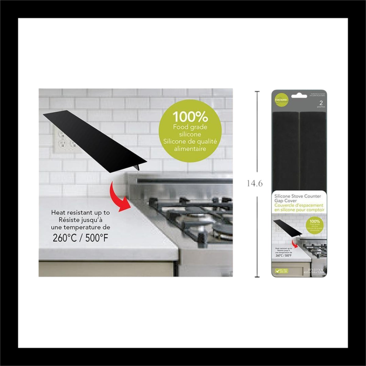 Set of two 25-inch black silicone stove gap covers designed to bridge the gap between the stove and counter, preventing crumbs and spills. Heat resistant up to 500°F and made from food-grade silicone.