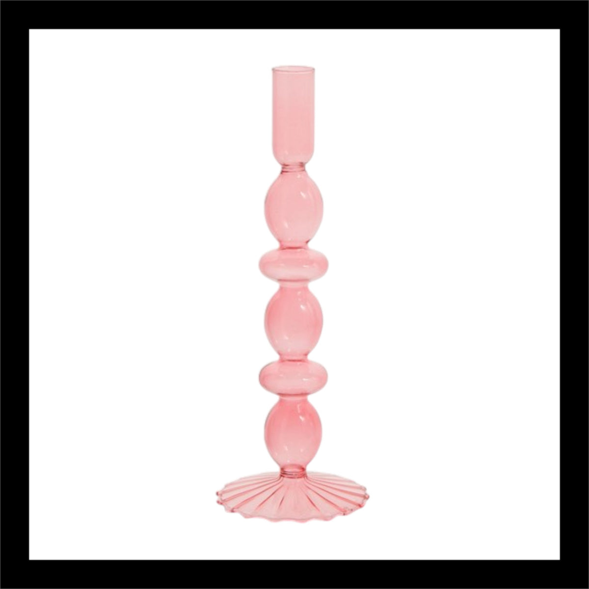 Pink glass candlestick with a unique stacked bubble design and fluted base, measuring 3.5" D x 10.25" H, perfect for elegant home décor.