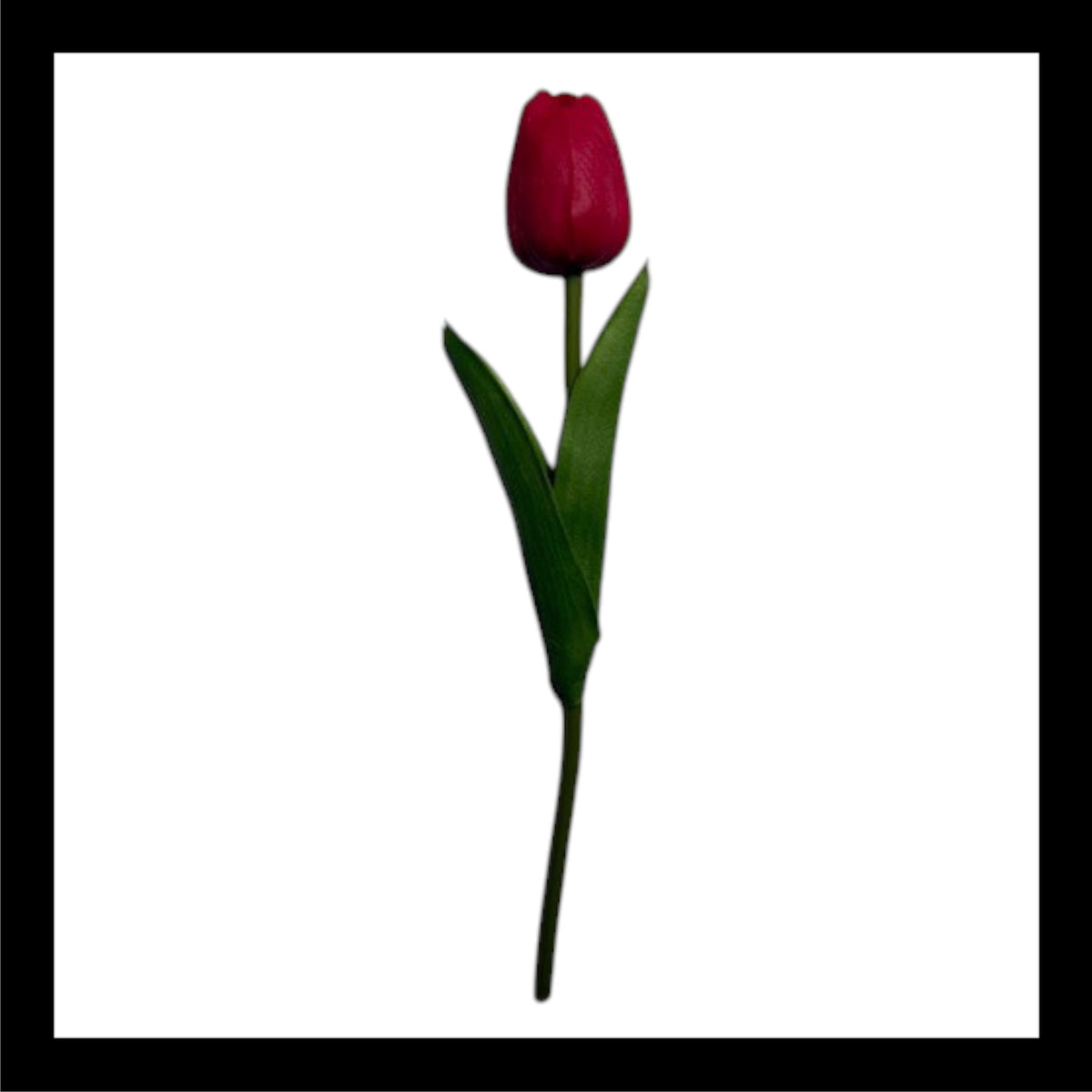 A single real touch red tulip with a vibrant red bloom, green stem, and lifelike leaves, perfect for floral arrangements or home decor.