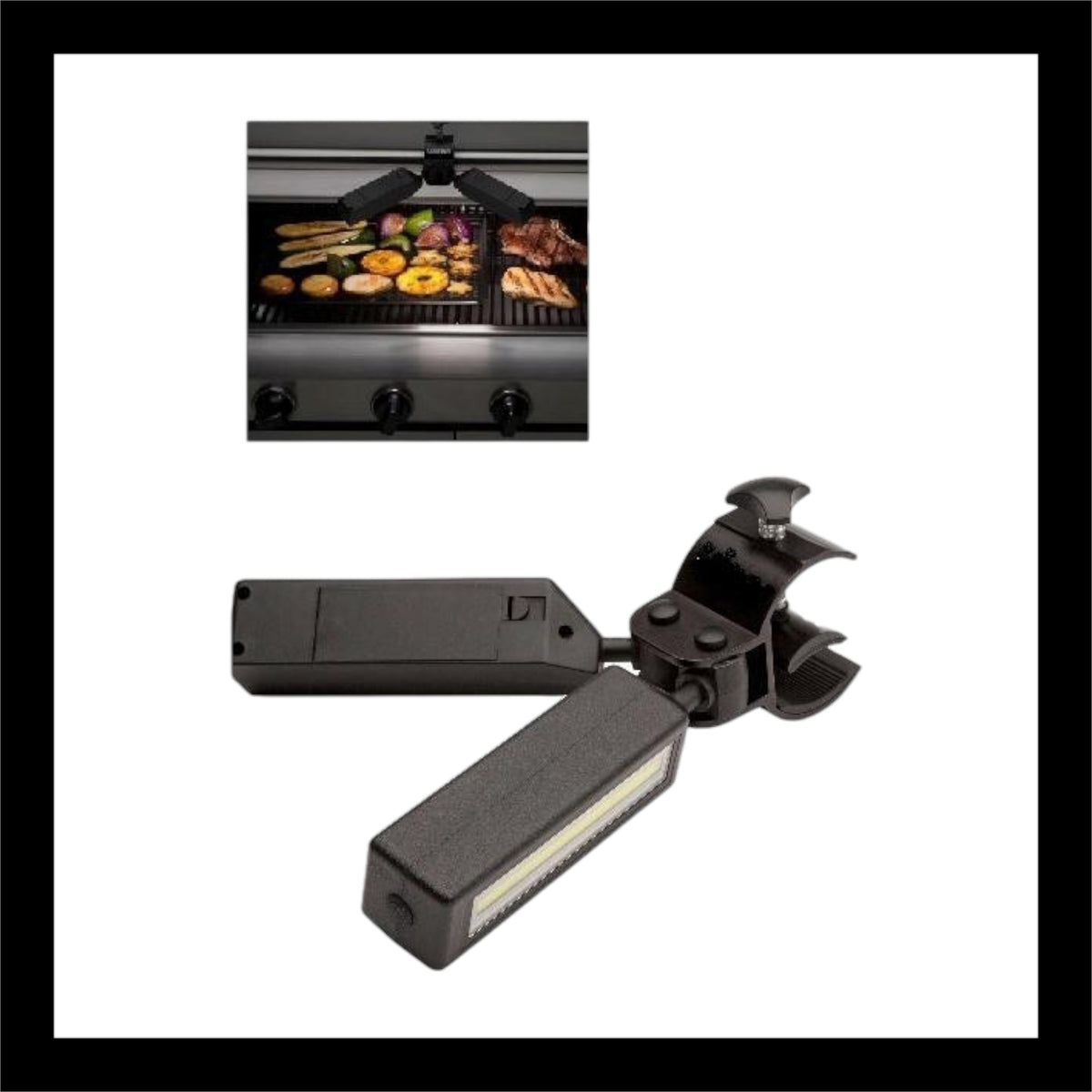 Rotating LED grill light with a clamp, designed to attach securely to most grill handles. Features adjustable arms that move side to side and rotate 360° for optimal lighting. Equipped with energy-efficient COB LED lights for bright illumination during nighttime grilling. Ideal for enhancing outdoor cooking visibility.