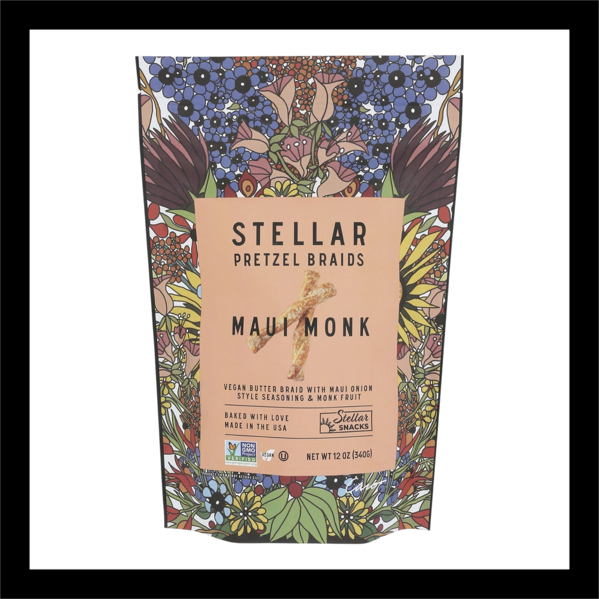 Front view of Stellar Pretzel Braids in Maui Monk flavor, featuring a vibrant floral packaging design with an orange label showcasing the product name and an image of the pretzel braid.