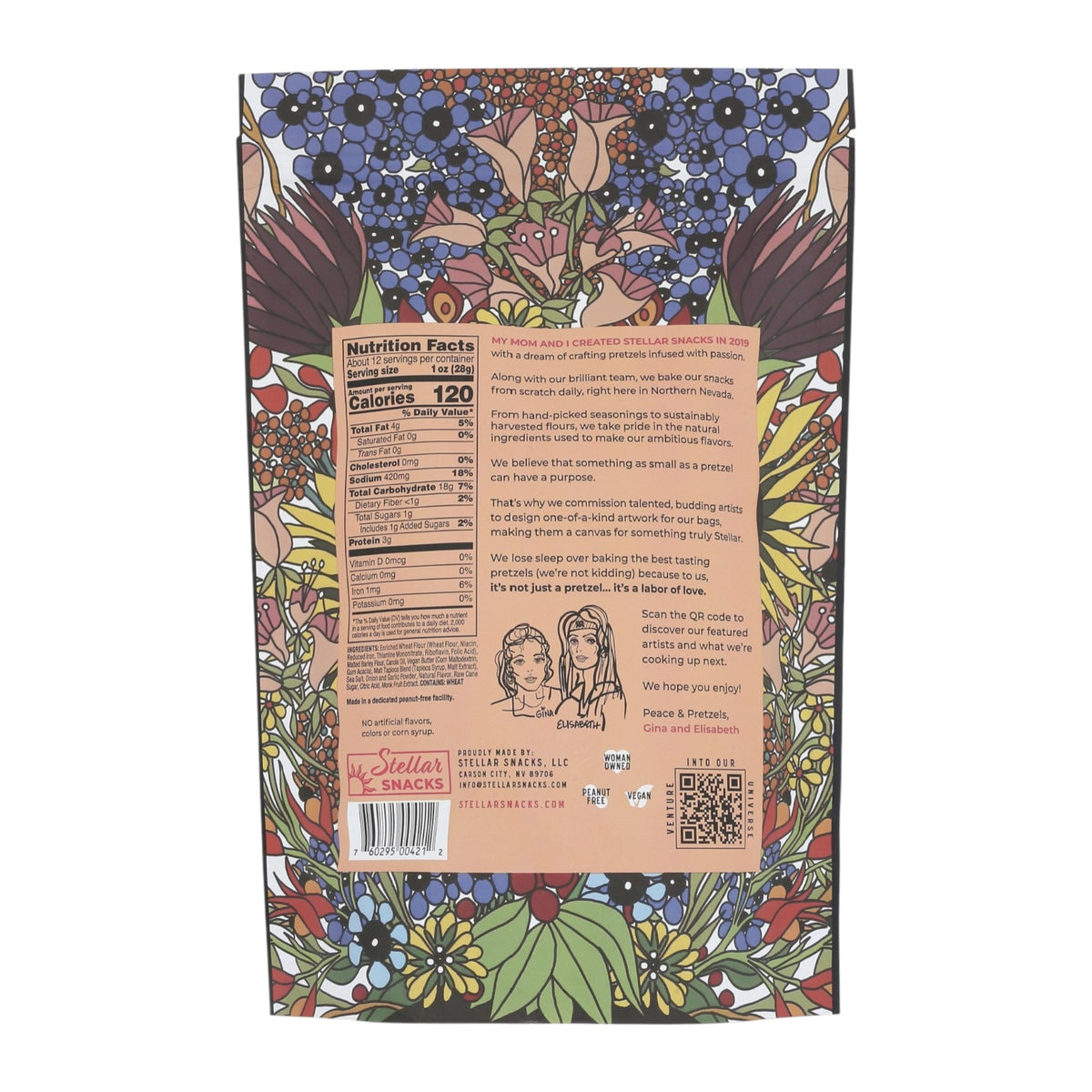 Back view of Stellar Pretzel Braids in Maui Monk flavor, displaying the nutrition facts, ingredients, and brand story with a detailed floral packaging design.