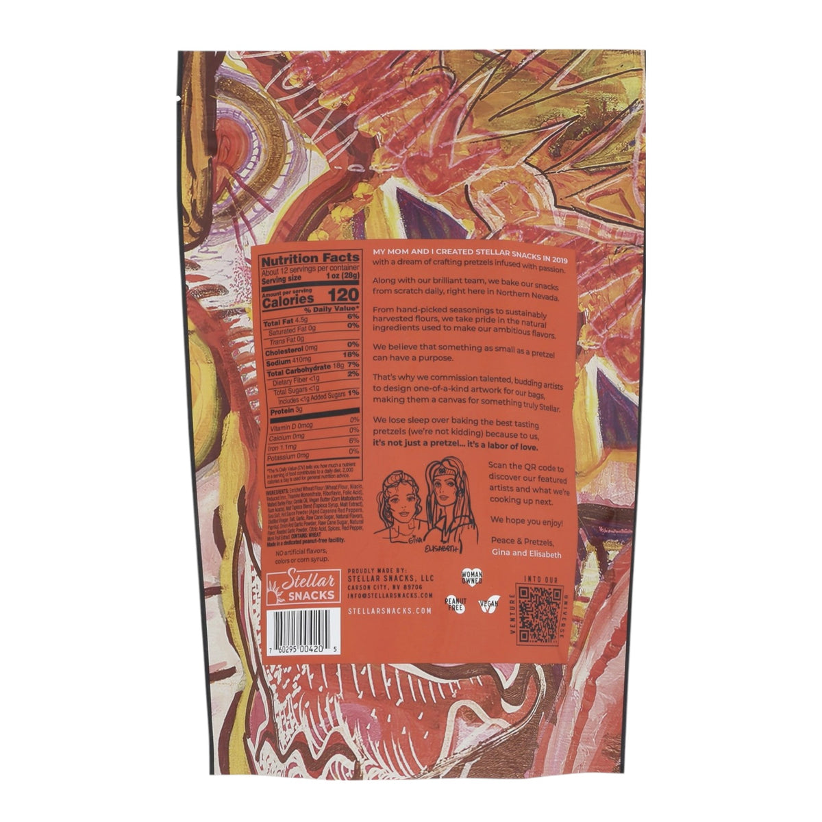 Back view of Stellar Pretzel Braids Sweet & Sparky bag displaying nutrition facts, ingredient list, brand story, and a QR code for more product details, set against a vibrant abstract background.