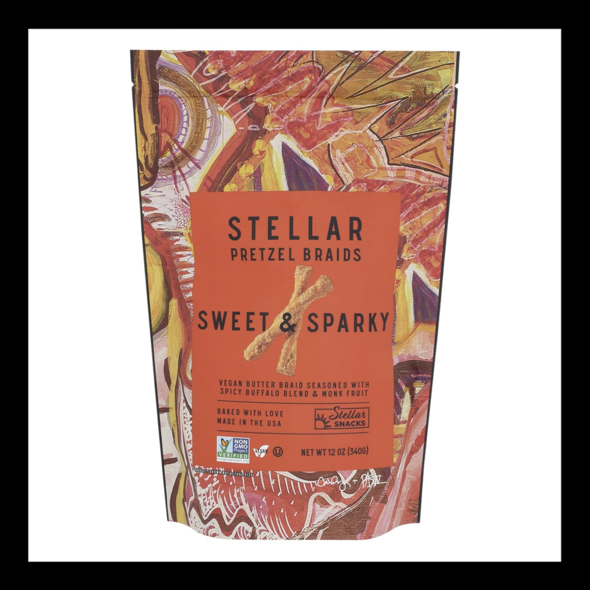 Front view of Stellar Pretzel Braids in the Sweet & Sparky flavor, featuring a vegan butter braid seasoned with spicy buffalo blend and monk fruit, in a colorful artistic packaging design.