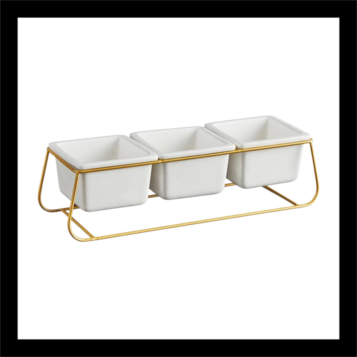 Three white ceramic pots with a gold holder – 10.9"x3.4"x2.8" modern planter set, perfect for herbs, succulents, or decorative storage.