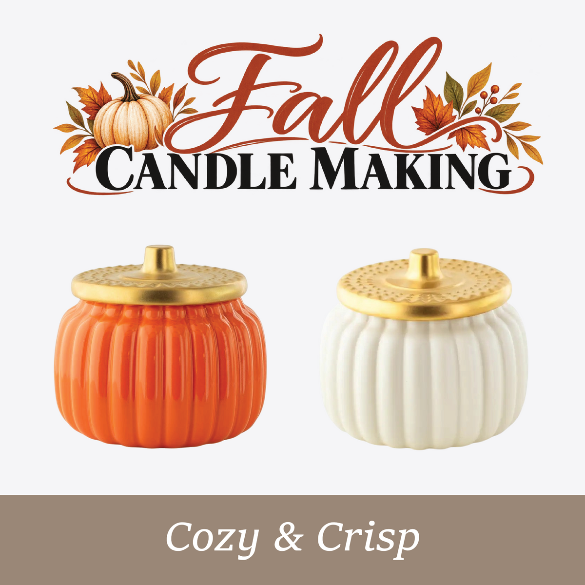 Fall Candle Making Experience featuring orange and ivory pumpkin candle jars with gold lids at Paisley Candle & Home