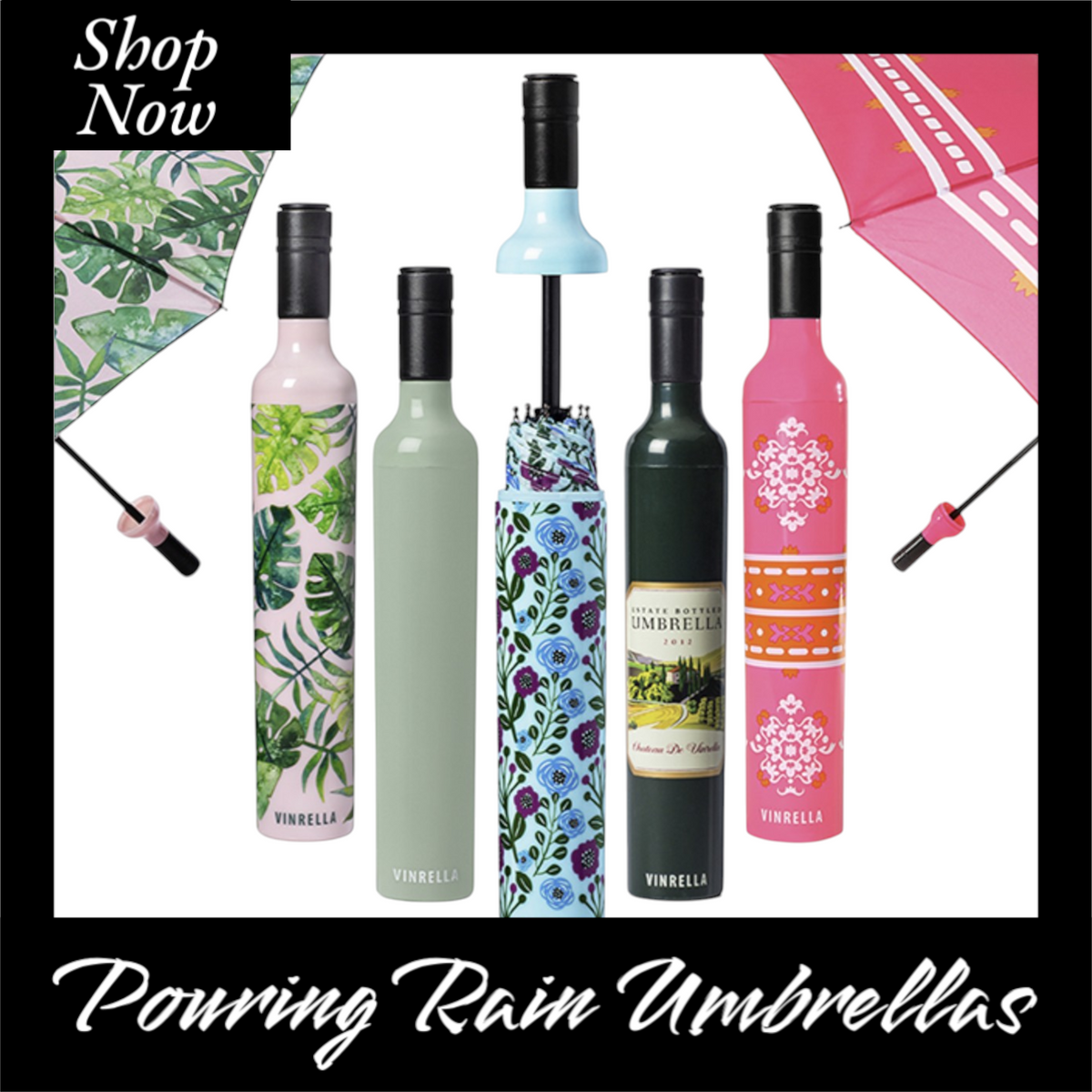 A collection of Vinrella wine bottle umbrellas in various colors and patterns, designed to look like wine bottles when closed and open into compact umbrellas for rainy days. Patterns include floral, tropical leaves, and vintage wine label designs.