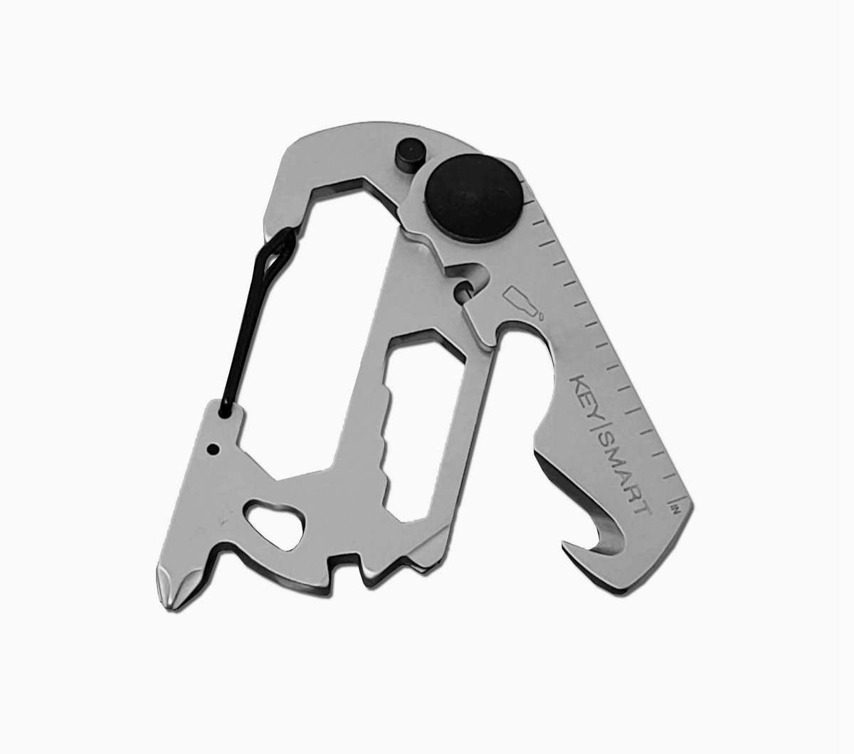 Alltul multitool keychain with carabiner and tool functions on a white background