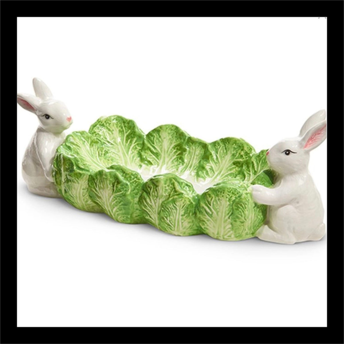 Green Cabbage Tray with Bunny Accents – Whimsical Ceramic Serveware