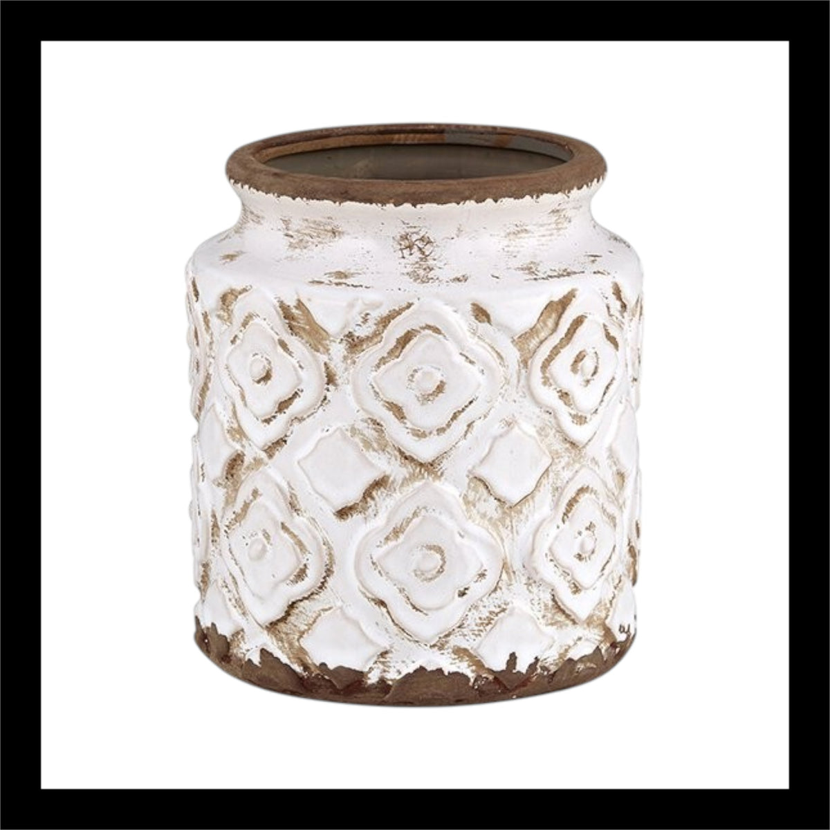 Cream cylinder vase – Rustic textured ceramic vase with distressed white finish, perfect for floral arrangements or home decor.