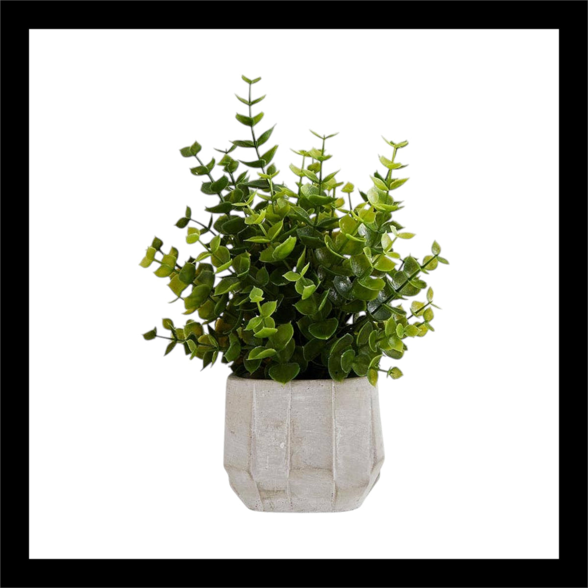 Faux potted eucalyptus plant – 3"x3"x8" realistic artificial greenery in a textured stone pot, perfect for home or office decor.