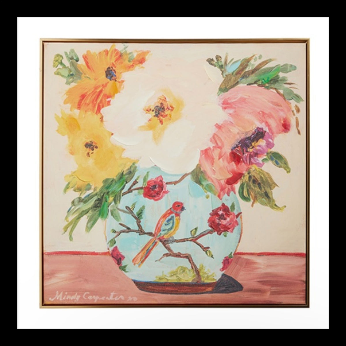 Bird on Vase Framed Artwork – 32-Inch Floral Wall Decor