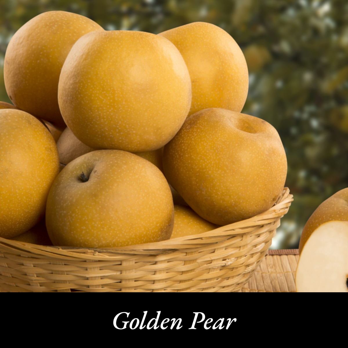Basket of golden pears with a blurred green background