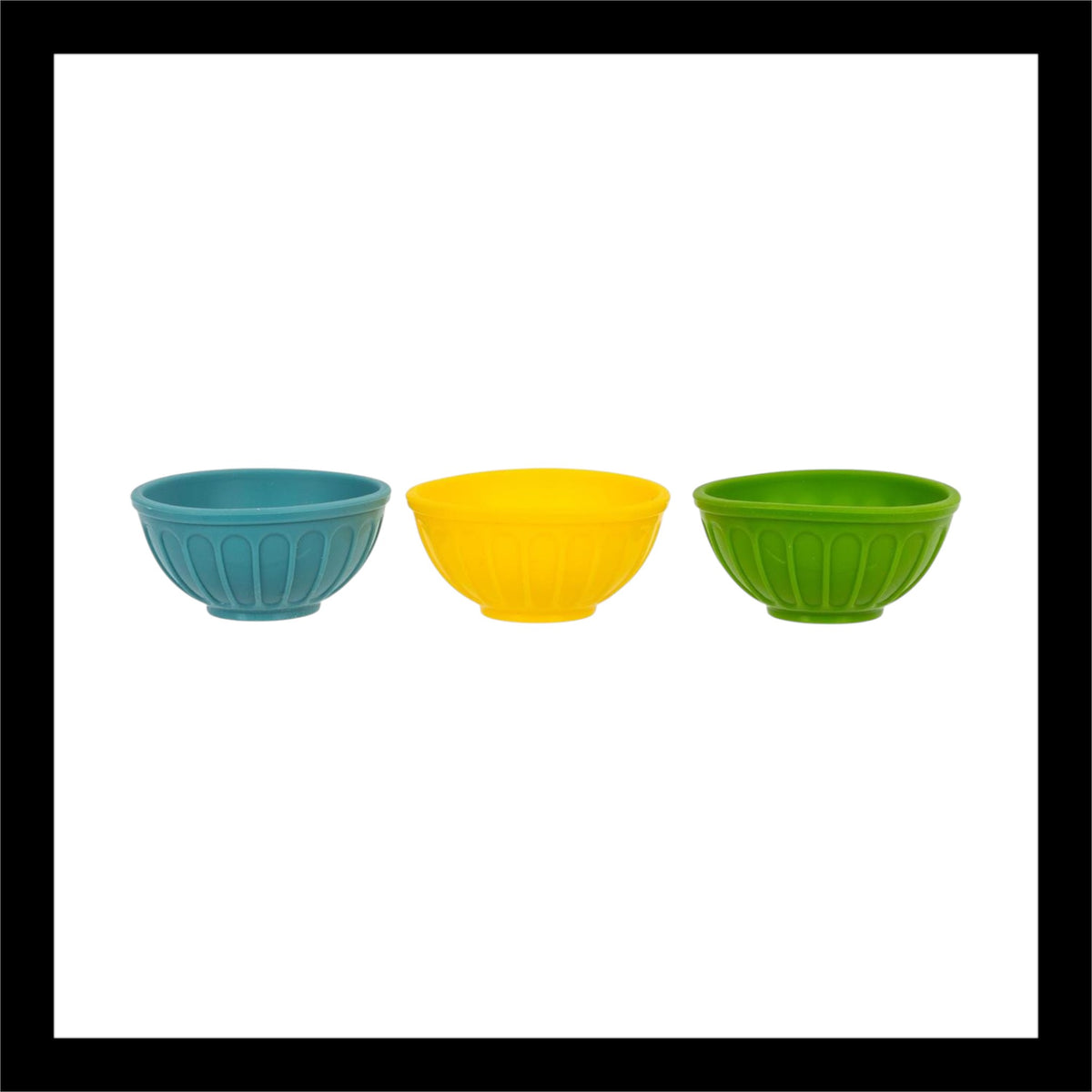 Set of three colorful silicone pinch bowls in teal, yellow, and green, designed for holding spices, sauces, and small ingredients while cooking.