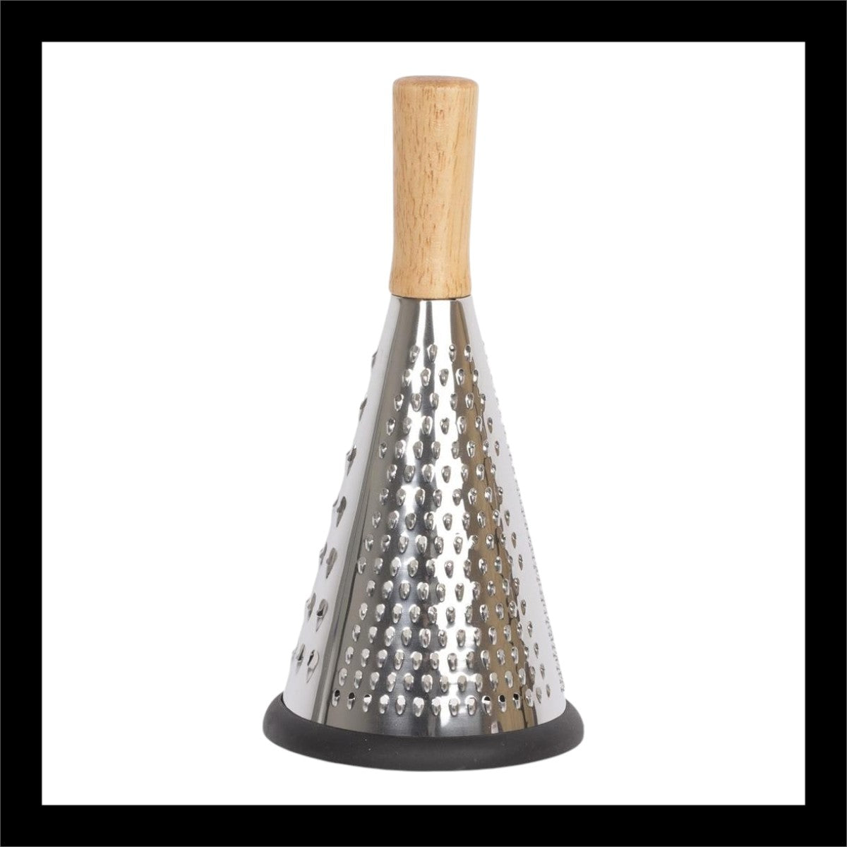 Stainless steel cone-shaped food grater with a wooden handle and non-slip base, designed for grating cheese, vegetables, and more.