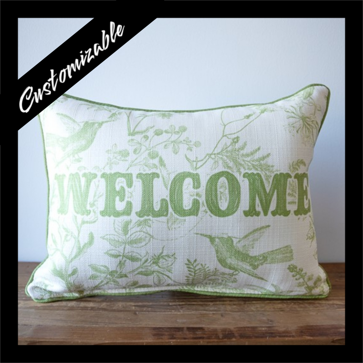 Welcome Sage Hummingbird Toile Pillow – Decorative Throw Cushion