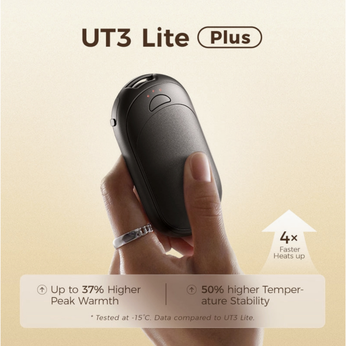 Hand holding a black electronic device labeled 'UT3 Lite Plus' with text about its features on a beige background.