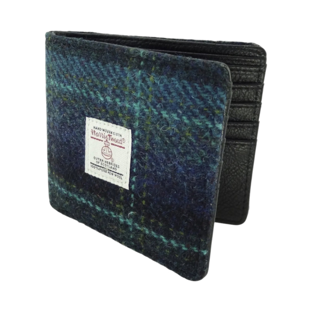 Harris Tweed Men's Wallet Blue with Turquoise Overcheck on white background.  
