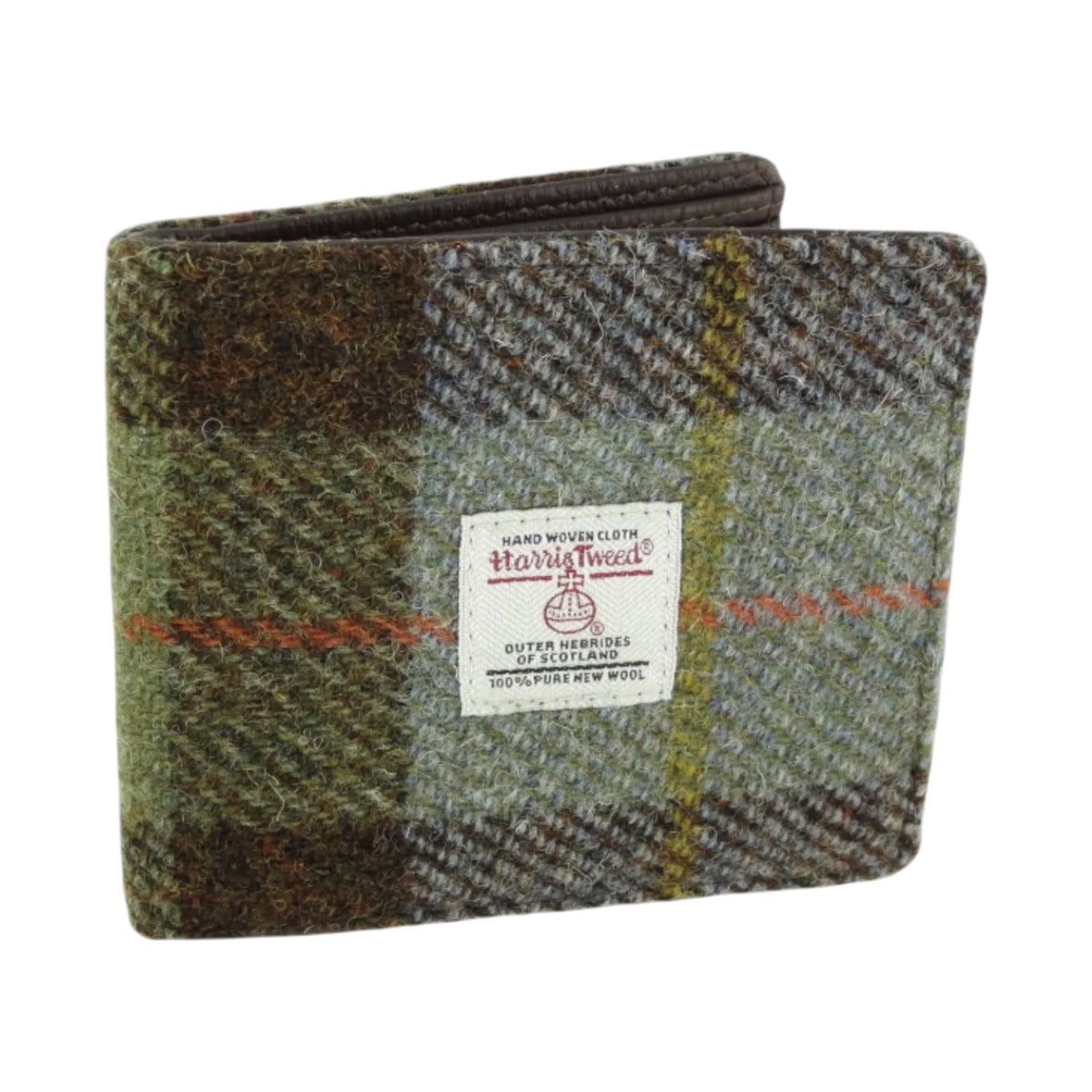 Harris Tweed Men's Wallet in MacLeod Tartan with white background. 