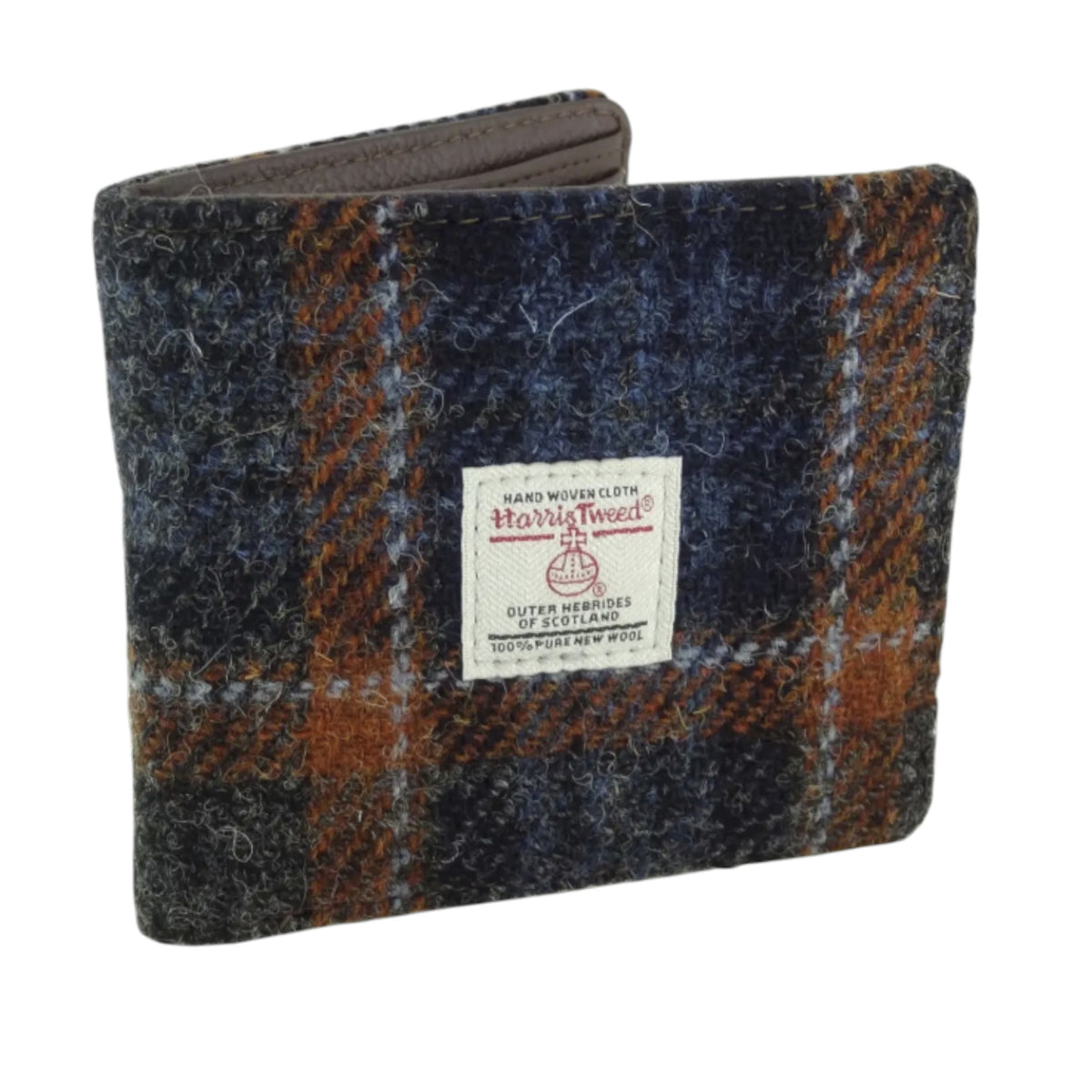 Harris Tweed Men's Wallet in Grey with Rust Overcheck with white background. 