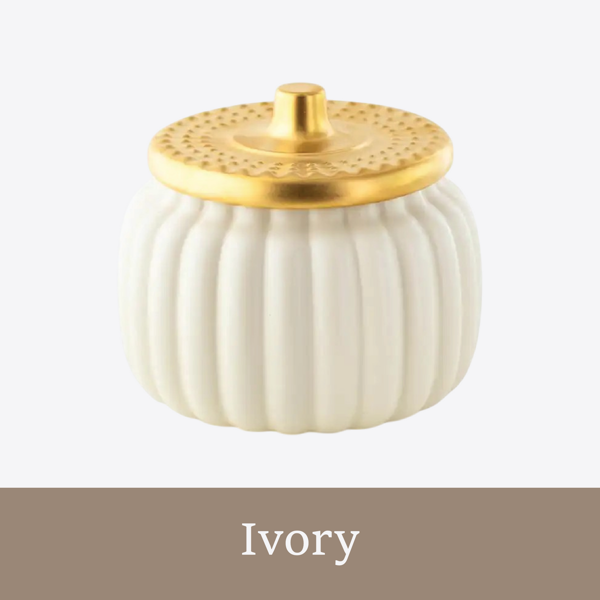 Ivory ceramic pumpkin candle jar with gold lid for Paisley Fall Candle Making Experience