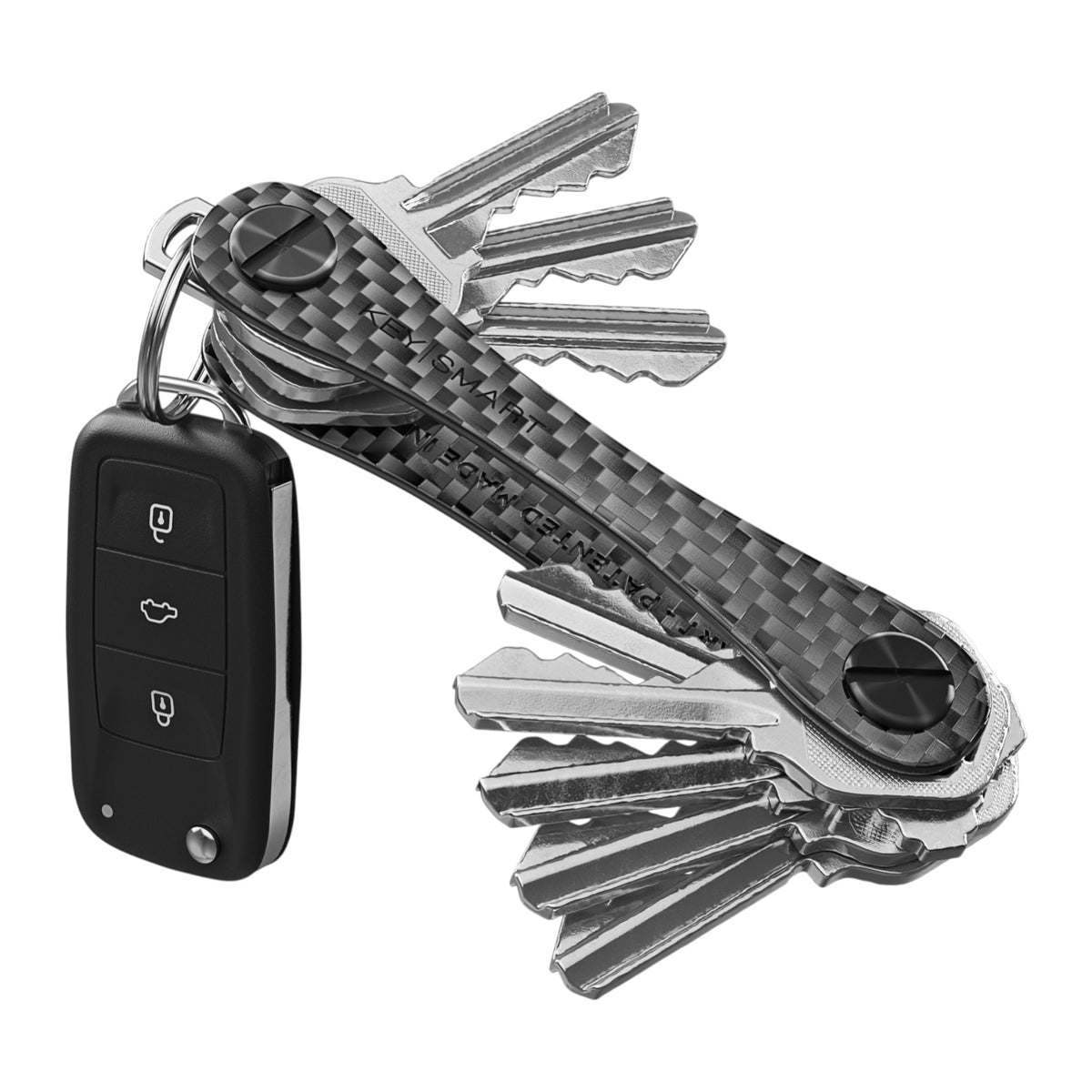 Keysmart carbon fiber keychain organizer with multiple keys and a car key fob on a white background