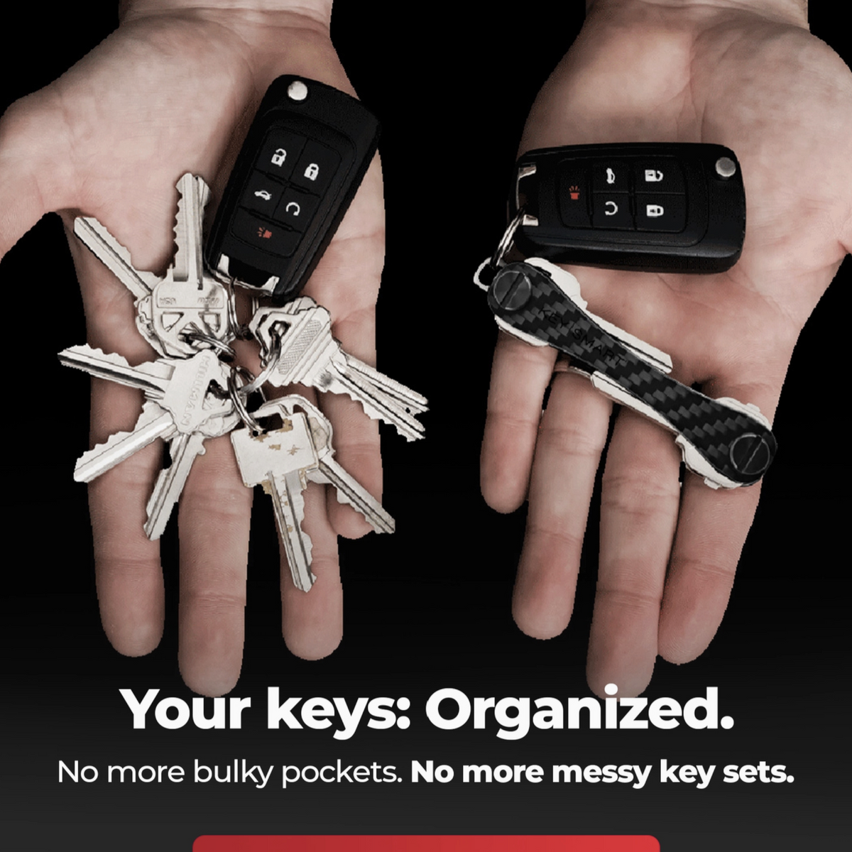 Two hands holding keys and a multi-tool with text about key organization.
