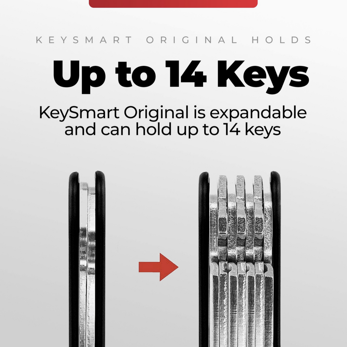 KeySmart Original key organizer with text highlighting its capacity to hold up to 14 keys.