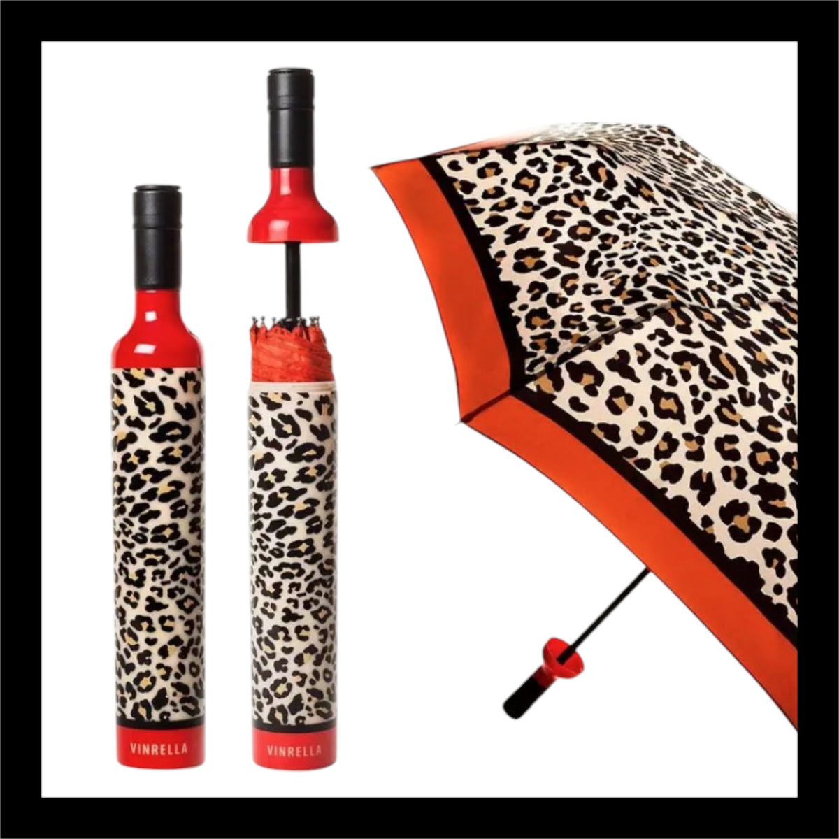 A Vinrella wine bottle umbrella with a trendy leopard print design. When closed, it looks like a sleek wine bottle, and when opened, it transforms into a compact umbrella, offering both fashion and function for rainy days.