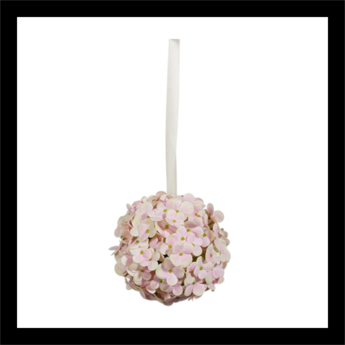 A delicate hanging light pink hydrangea ball adorned with soft pastel petals and a white ribbon, perfect for weddings, special events, or elegant home decor.
