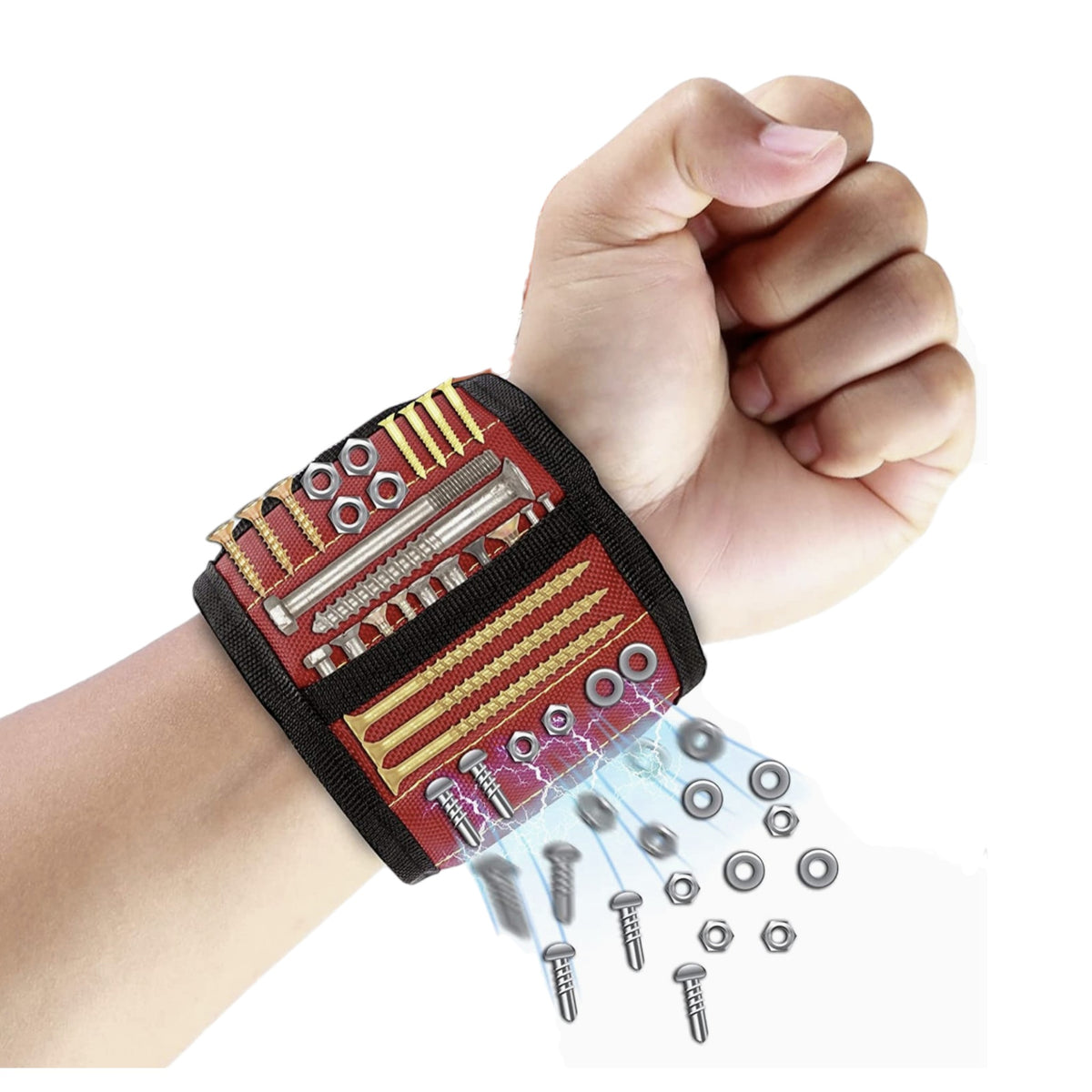 Magnetic tool wristband with screws, bolts and nuts on a humans arm.  