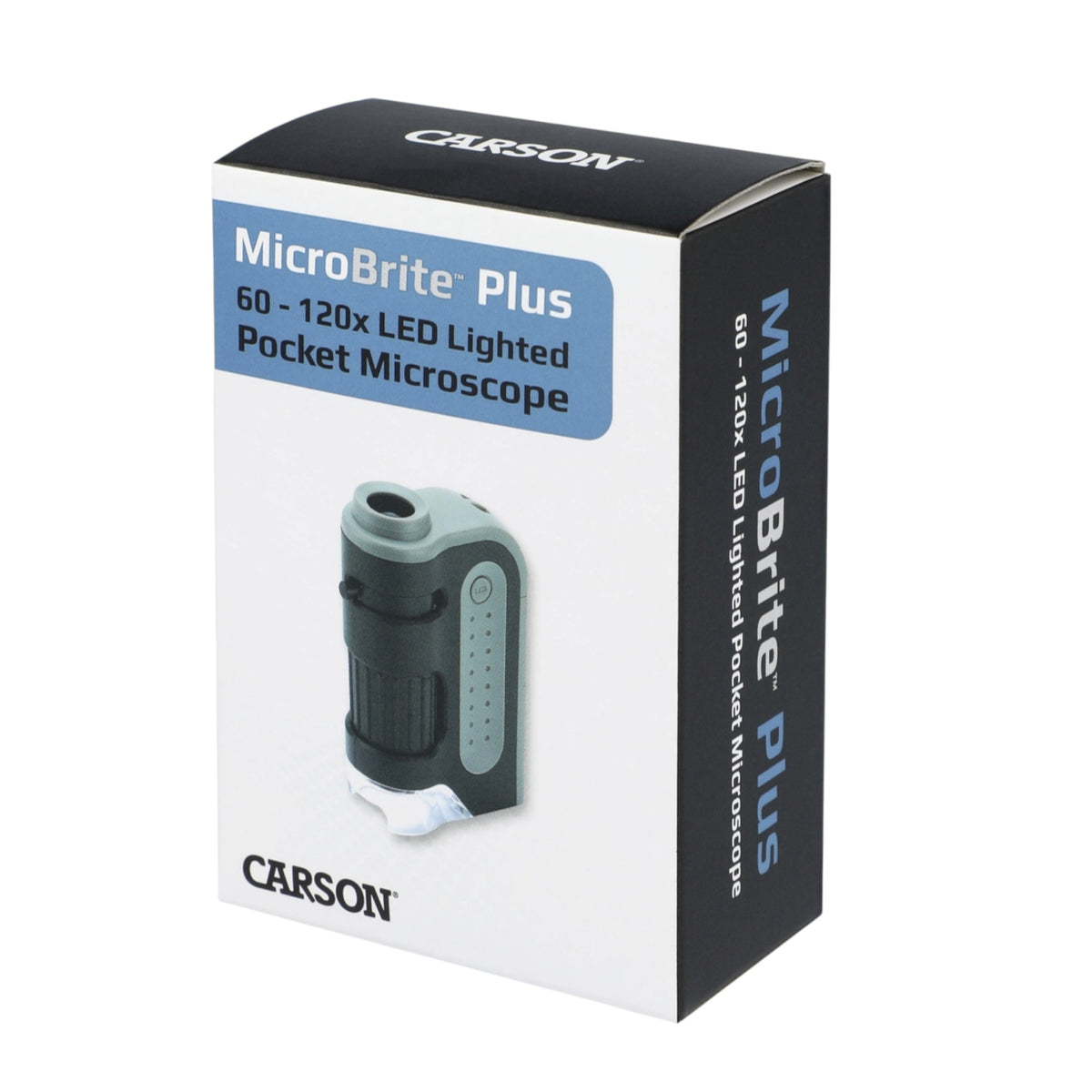 Carson MicroBrite Plus LED Lighted Pocket Microscope packaging on a white background