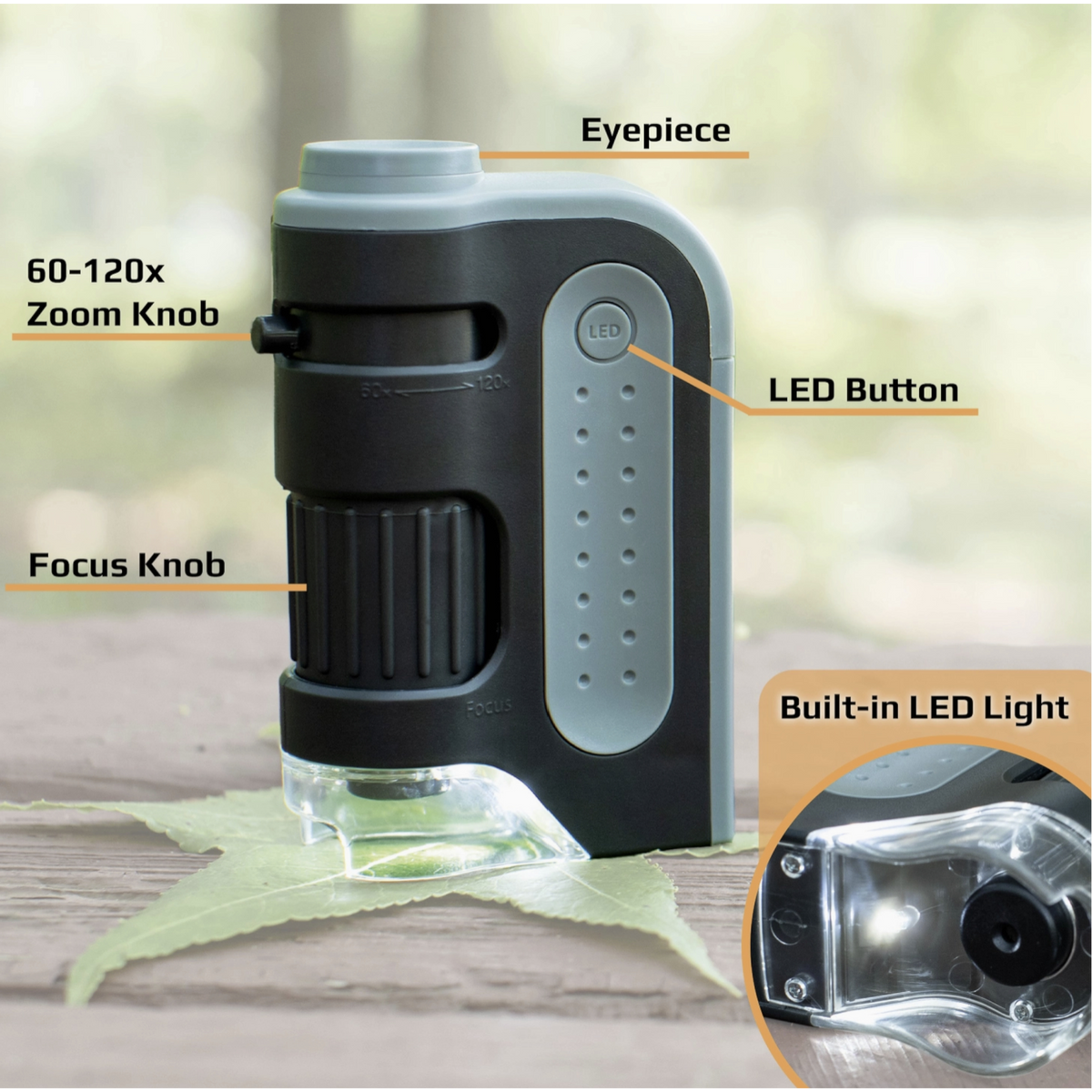 Microbright Plus Pocket Microscope with labeled parts on a blurred natural background