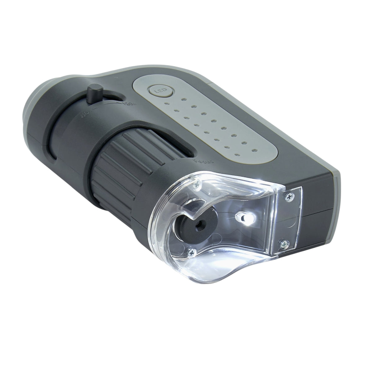 Grey Microbright Plus Pocket Microscope on its sides.  