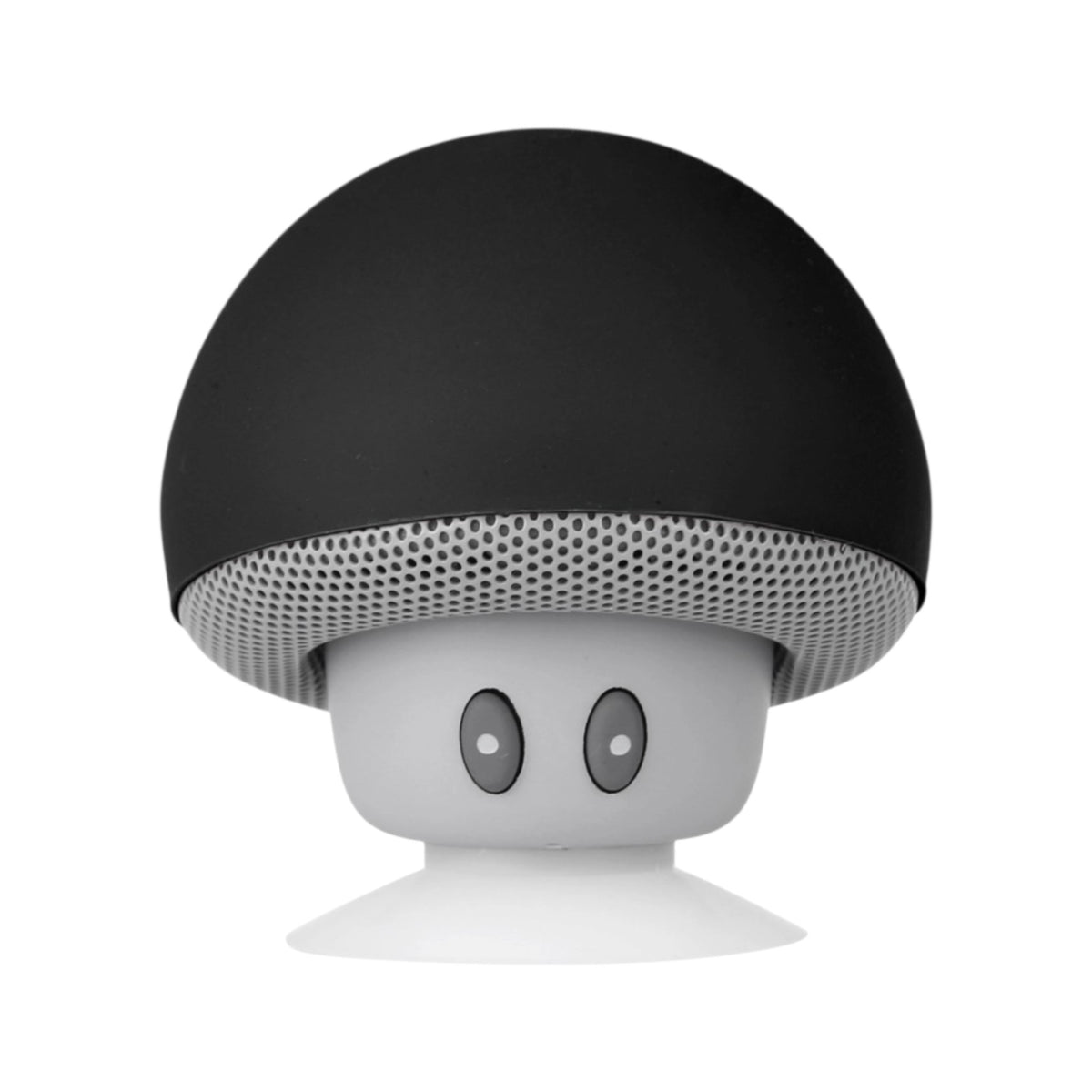 Mushroom-shaped Bluetooth speaker with a black top and grey bottom on a white background