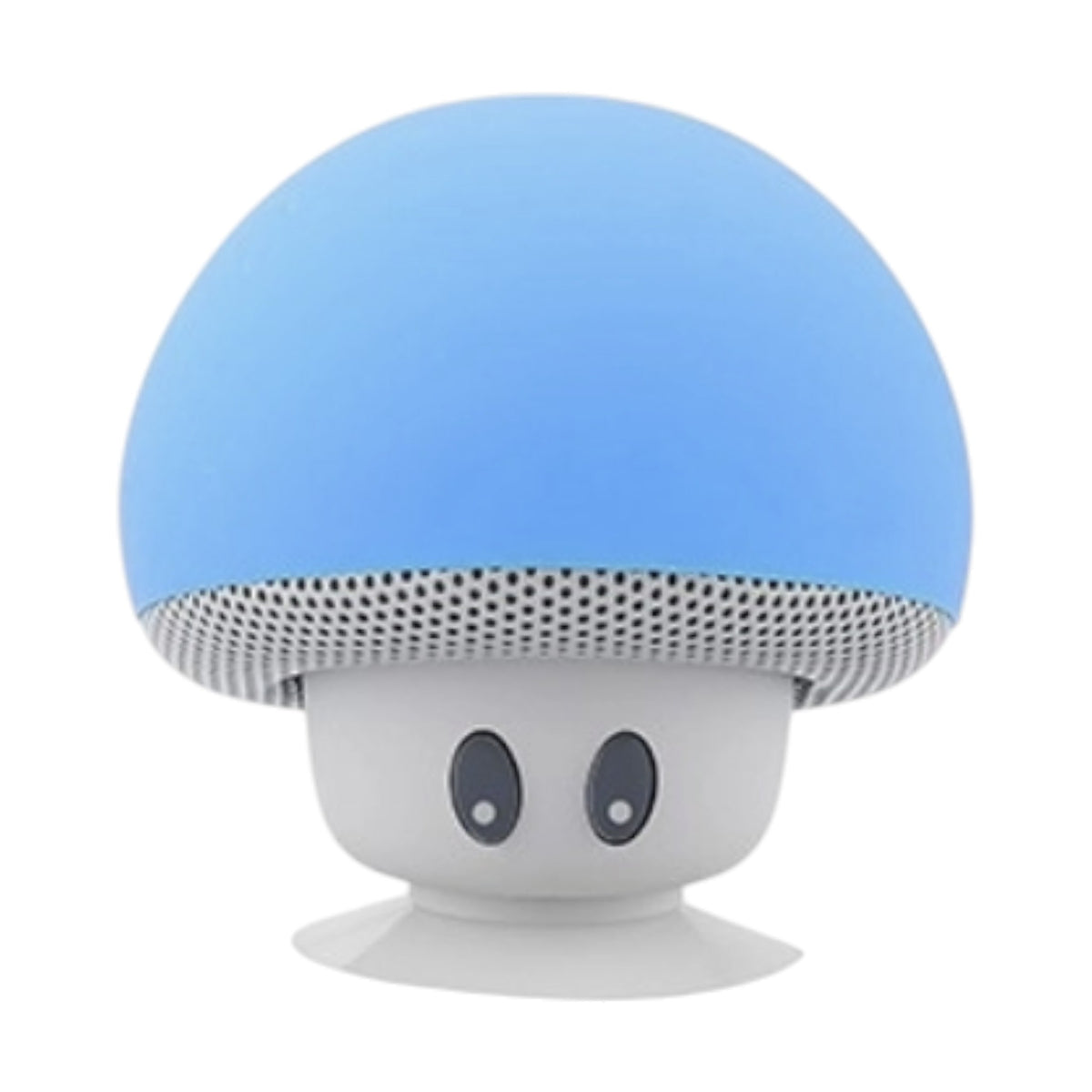 Mushroom-shaped Bluetooth speaker with a blue top and grey bottom on a white background.