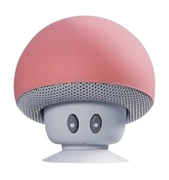 Mushroom-shaped Bluetooth speaker with a coral top and grey bottom on a white background.