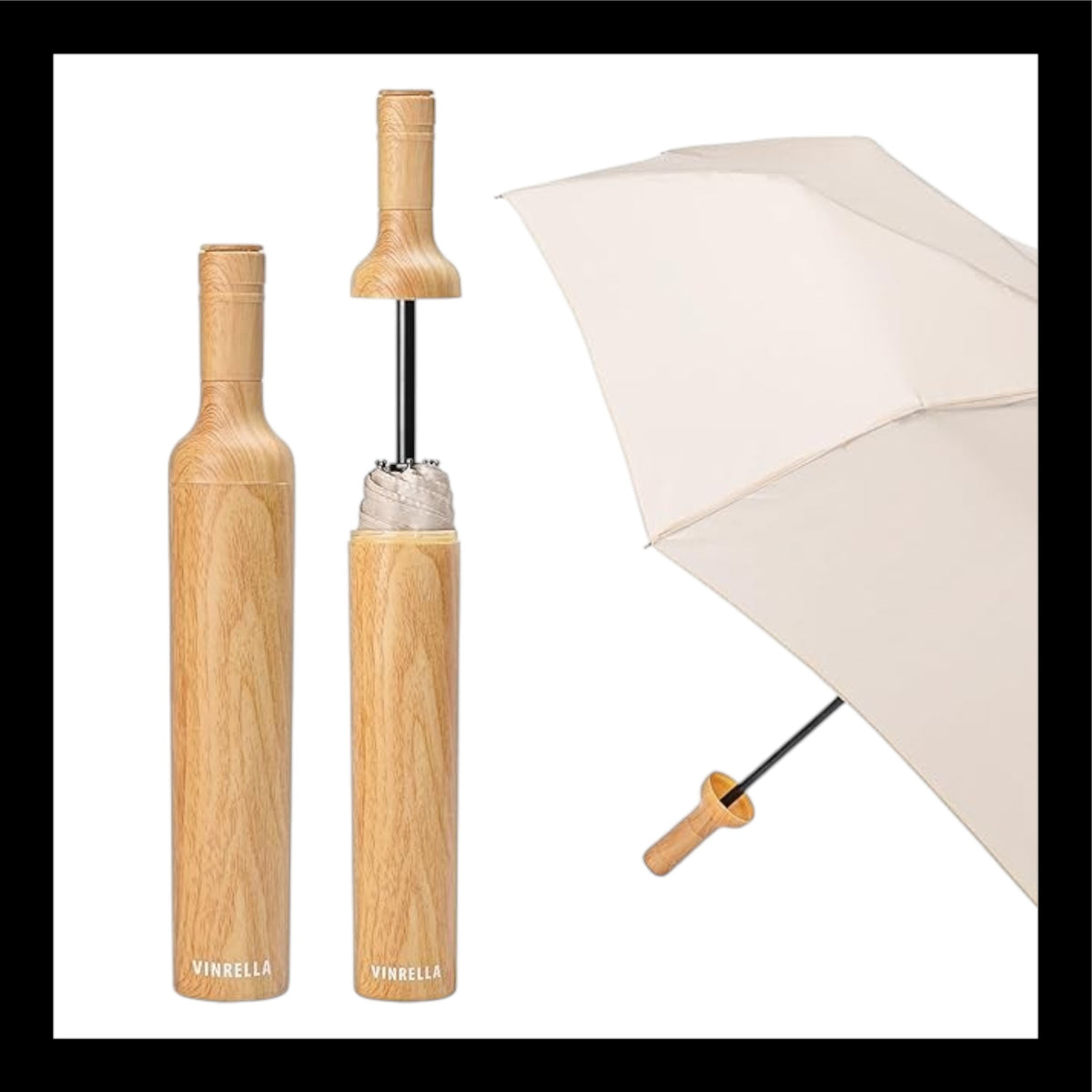 A Vinrella wine bottle umbrella featuring a sophisticated natural wood design. When closed, it mimics the look of a wooden wine bottle, and when opened, it reveals a neutral-toned umbrella, combining style and practicality for rainy days.