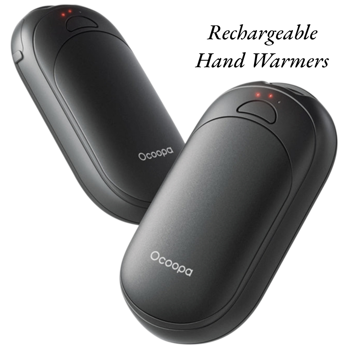 Two black rechargeable hand warmers with 'Ocoopa' branding on a white background.