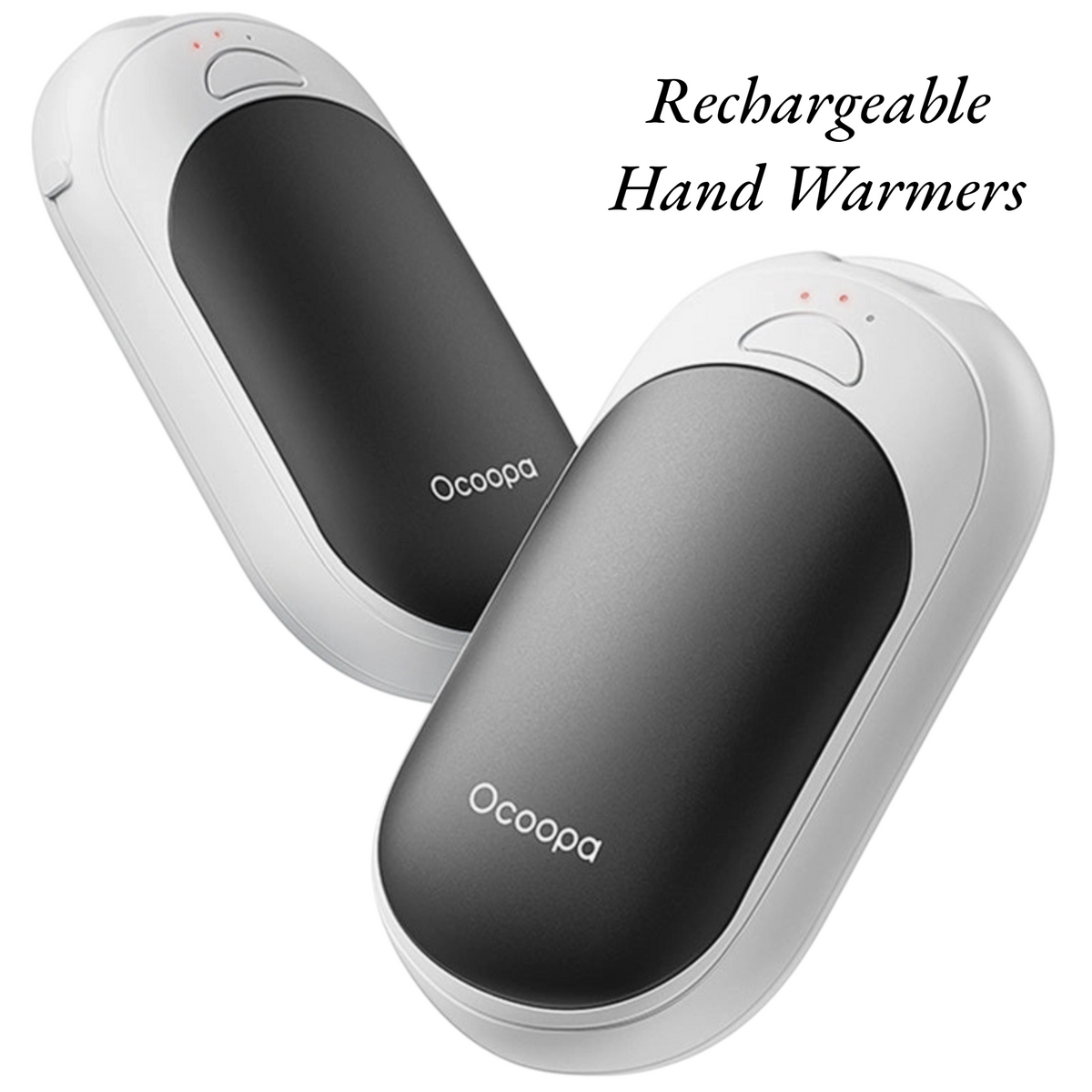 Two white and black rechargeable hand warmers with 'Ocoopa' branding on a white background.