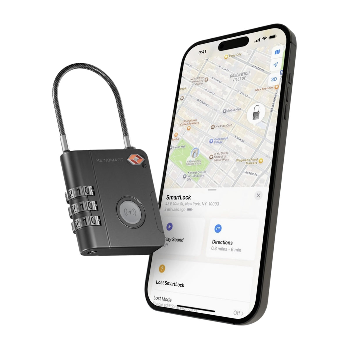 KeySmart SmartLock connected to smartphone showing Apple Find My app for luggage tracking.