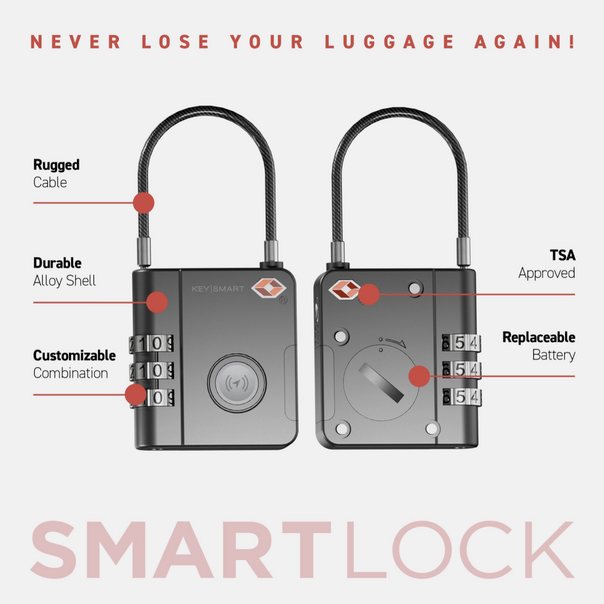KeySmart SmartLock TSA-approved lock with rugged cable, customizable combination, and replaceable battery.