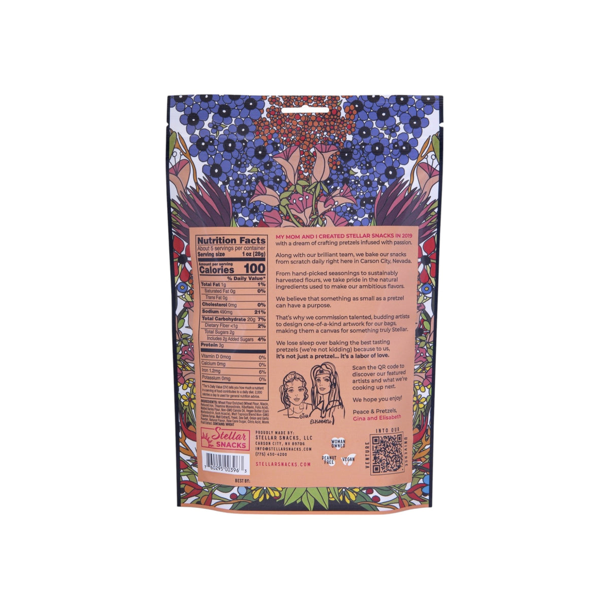 Back view of the Stellar Pretzel Braids in the Maui Monk flavor, 5oz size. The packaging displays a detailed nutrition facts panel, ingredient list, brand story, and a QR code for more product information, set against a vibrant floral background.