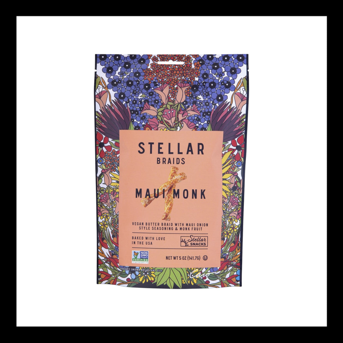 Front view of the Stellar Pretzel Braids in the Maui Monk flavor, 5oz size. The packaging features a vibrant floral design with an orange label, highlighting the vegan butter braids seasoned with Maui onion and monk fruit.