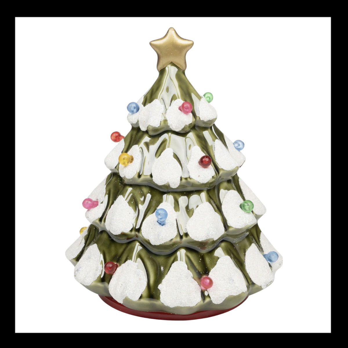 Decorative Christmas tree wax warmer with lights and ornaments on a white background