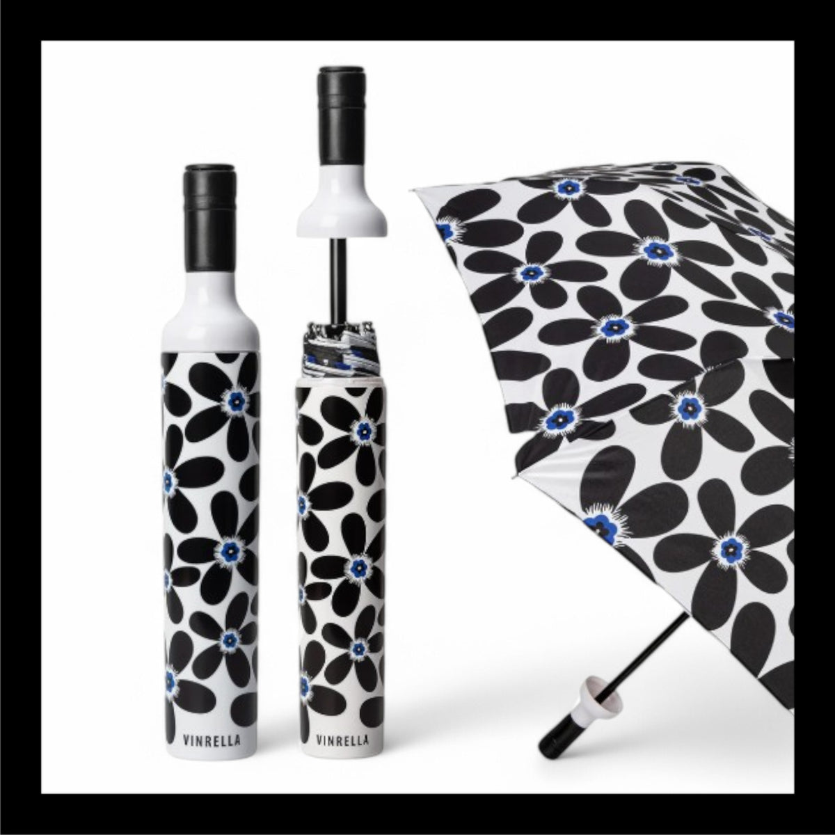 A Vinrella wine bottle umbrella featuring a bold black and white floral design with blue accents. Designed to resemble a wine bottle when closed, this stylish and compact umbrella offers a fashionable way to stay dry on rainy days.