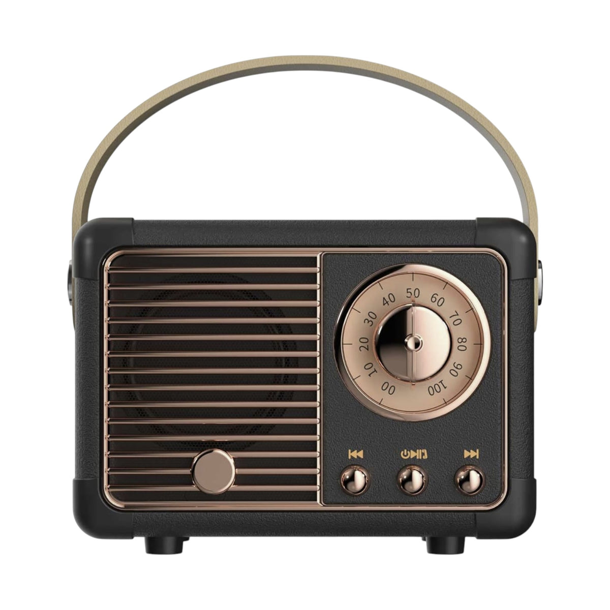 Vintage-style radio with black and bronze design on a white background